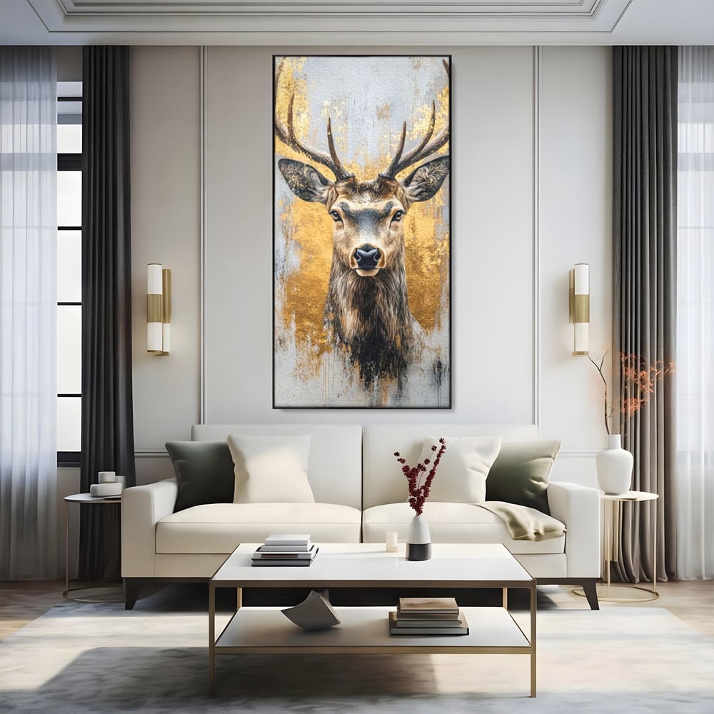 Tablou canvas cu tablou canvas cu cerb si accente aurii, in rama de aluminiu negru, pe perete intr-un living